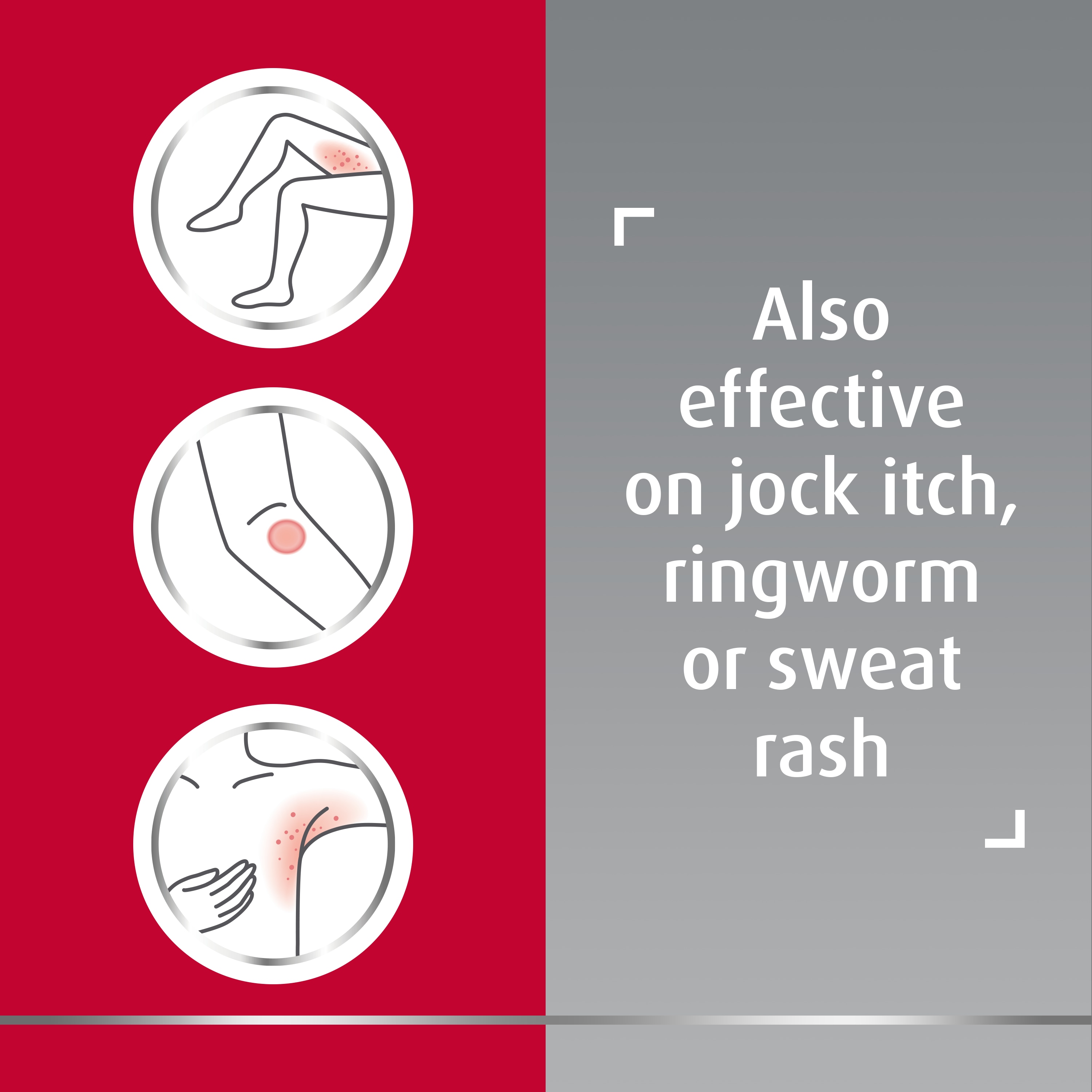 Three icons of itchy patches on inner thigh, elbow, and armpit, with caption on the right: Also effective on jock itch, ringworm or sweat rash