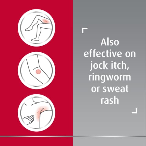 Three icons of itchy patches on inner thigh, elbow, and armpit, with caption on the right: Also effective on jock itch, ringworm or sweat rash